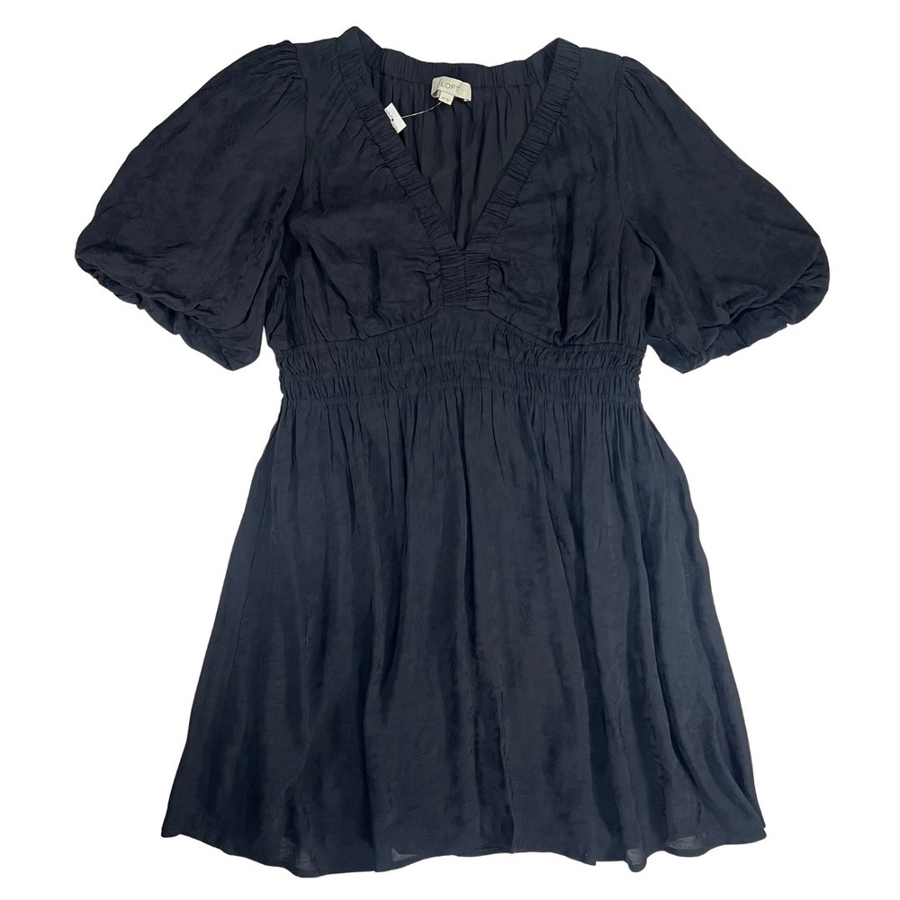 NWT LOFT Size 14 Black Jacquard Puff Sleeve Smocked Waist Mini Dress